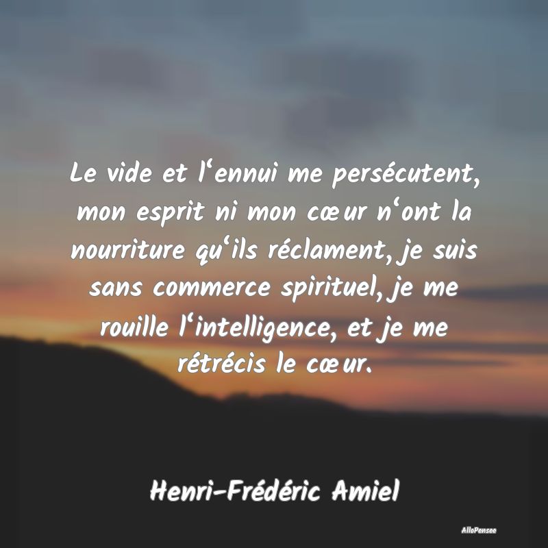 Le vide et l‘ennui me persécutent, mon esprit ni mon cœur n‘ont la nourriture qu‘ils réclament, je suis sans commerce spirituel, je me rouille l‘intelligence, et je me rétrécis le cœur.