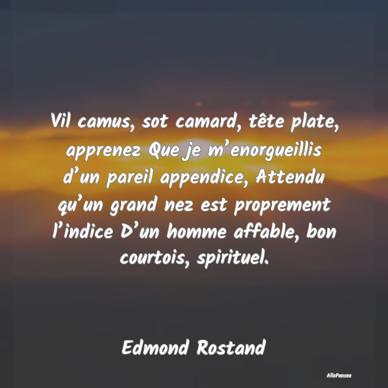 Vil camus, sot camard, tête plate, apprenez Que je m’enorgueillis d’un pareil appendice, Attendu qu’un grand nez est proprement l’indice D’un homme affable, bon courtois, spirituel.