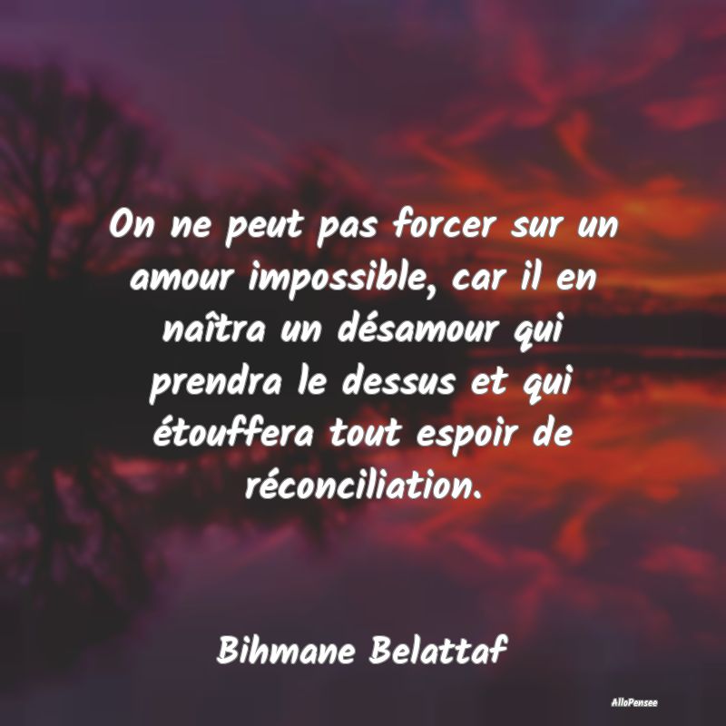 On ne peut pas forcer sur un amour impossible, car il en naîtra un désamour qui prendra le dessus et qui étouffera tout espoir de réconciliation.