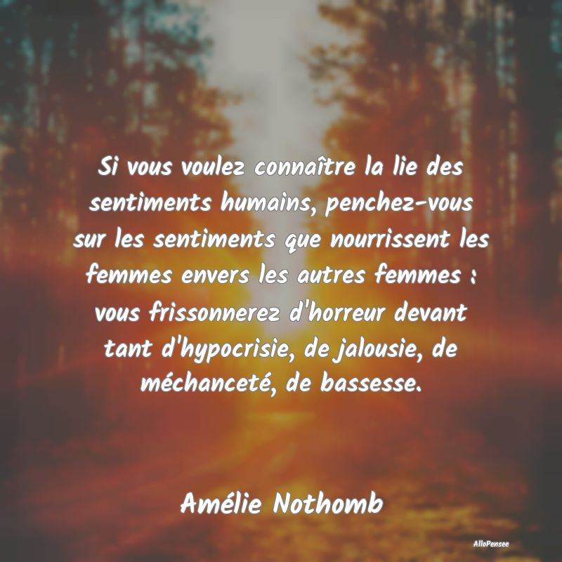 Si vous voulez connaître la lie des sentiments humains, penchez-vous sur les sentiments que nourrissent les femmes envers les autres femmes : vous frissonnerez d