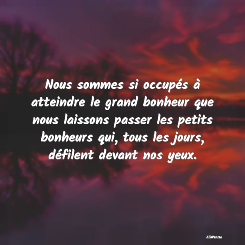 Nous sommes si occupés à atteindre le grand bonheur que nous laissons passer les petits bonheurs qui, tous les jours, défilent devant nos yeux.