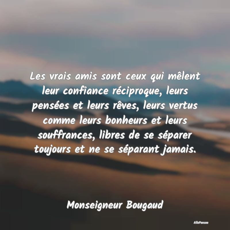 Les vrais amis sont ceux qui mêlent leur confiance réciproque, leurs pensées et leurs rêves, leurs vertus comme leurs bonheurs et leurs souffrances, libres de se séparer toujours et ne se séparant jamais.